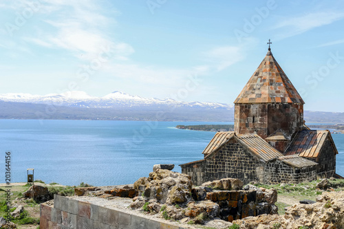 Sevanavank monastery - Holy apostles and the blessed virgin, lake Sevan in the background, Armenia.