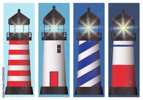 A set of four lighthouses at different times of the day and night. EPS10 vector format