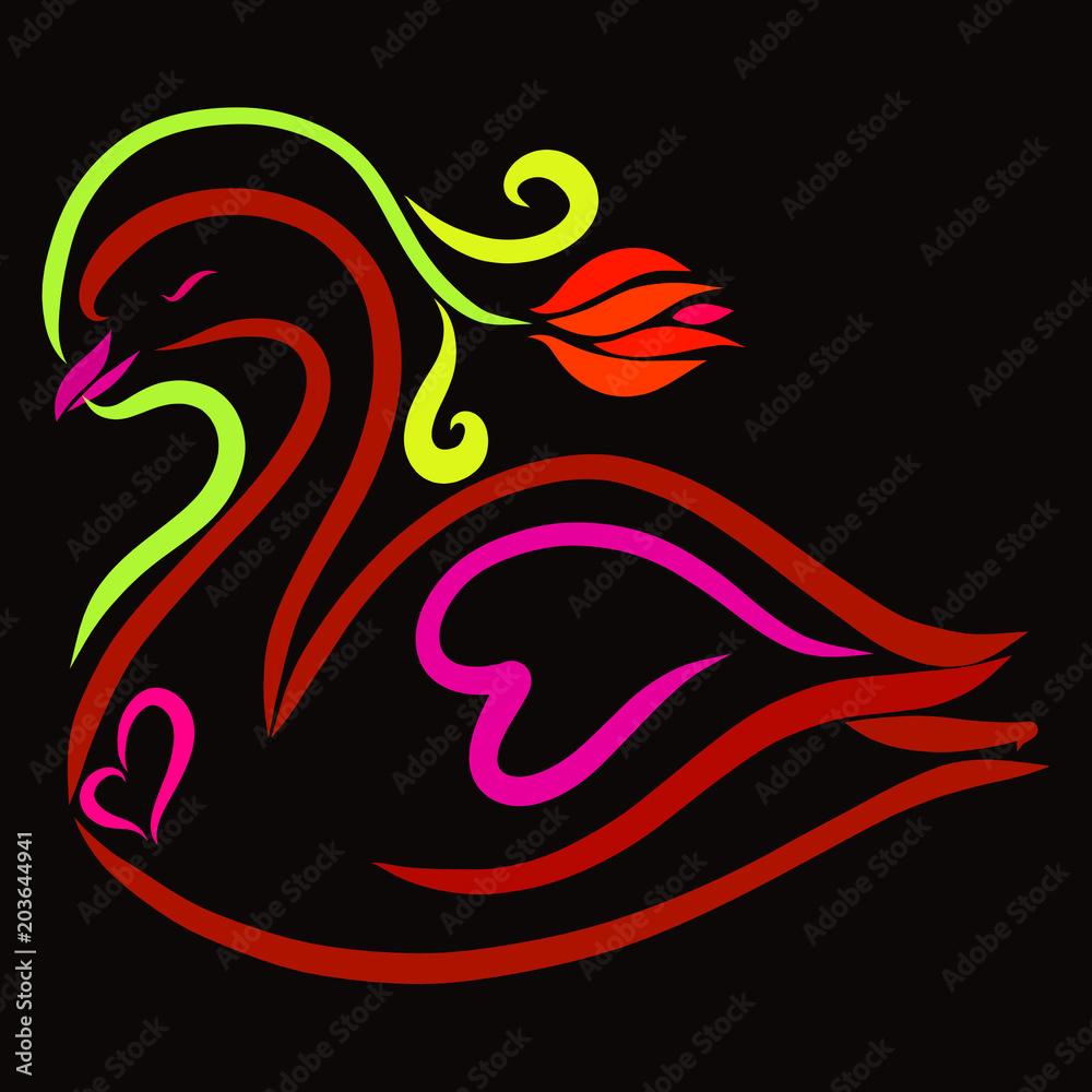 Beautiful swan with a flower and hearts on a black background Beautiful swan with a flower and hearts on a black background