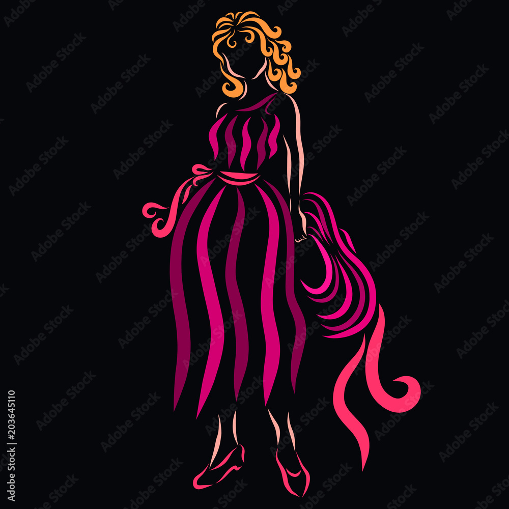 A chic blonde in a glamorous dress with a hat in her hands