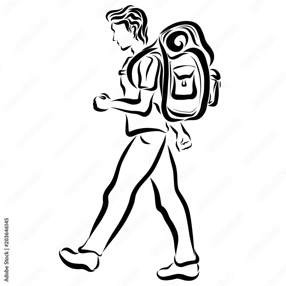 A young traveler with a large backpack, trekking