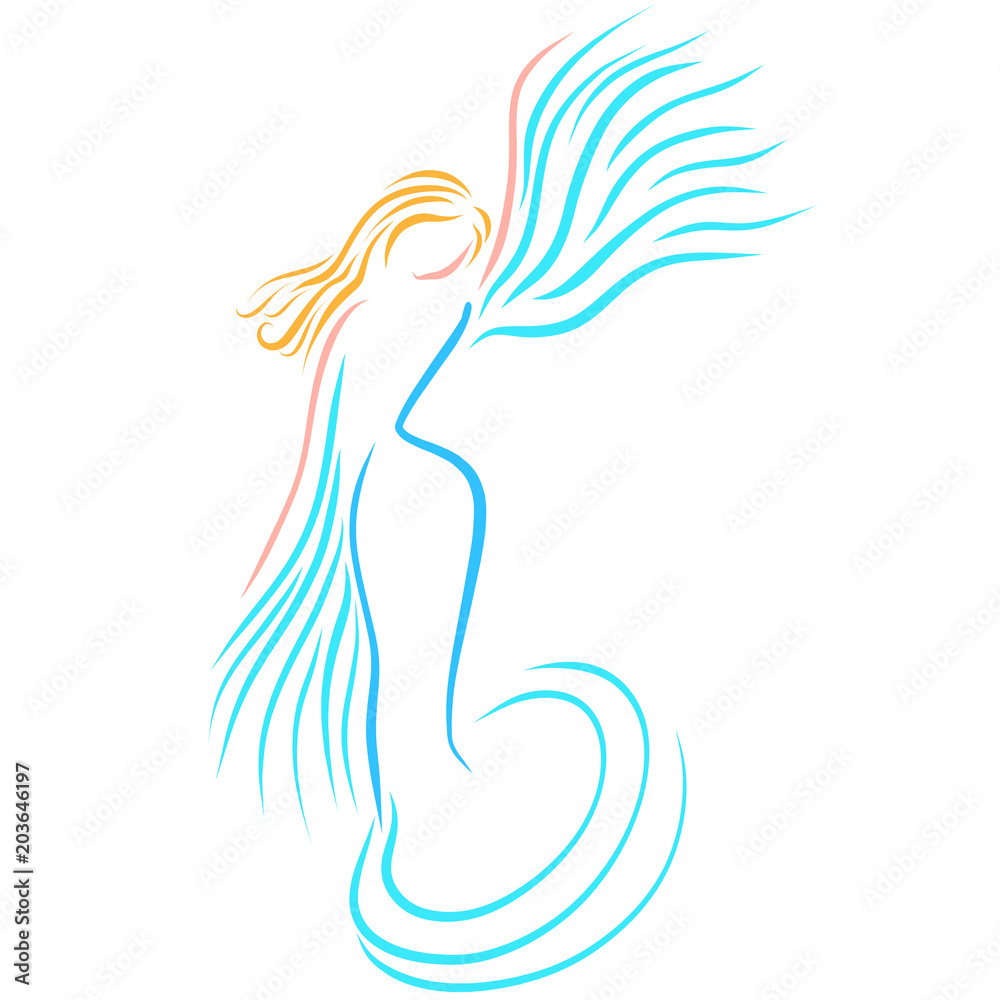 winged woman in blue, flying winged woman in blue, flying