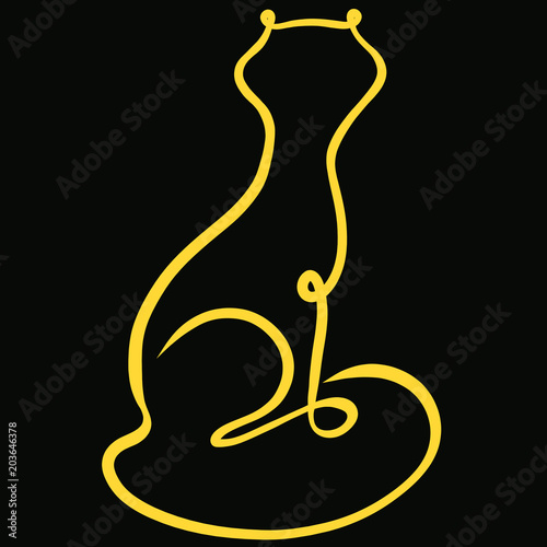 A cat drawn by a yellow line on a black background