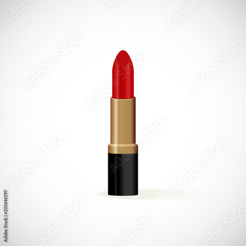 Realistic red lipstick on white background. Makeup accessory. Fashion cosmetics vector illustration. Design for beauty salons, social media, websites, glamour catalogs, banners, mockups