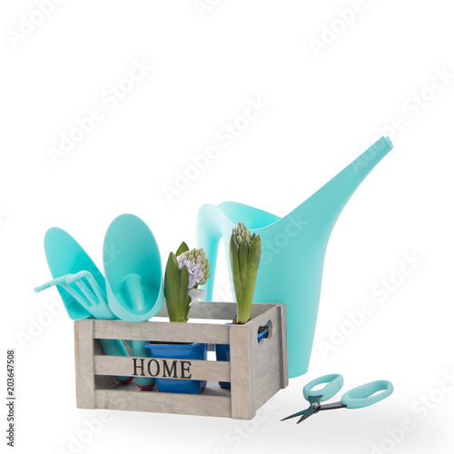 Fototapeta Naklejka Na Ścianę i Meble -  set of garden accessories - scoop, scissors for pruning plants, rake isolated on white