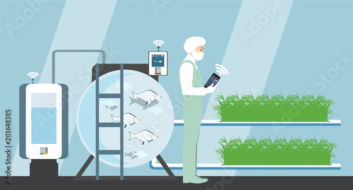 Growing plants in the greenhouse. Smart farm with wireless control. Eco farm with aquaponics system of planting vegetables. Vector illustration.