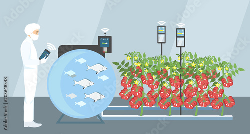 Growing plants in the greenhouse. Smart farm with wireless control. Eco farm with aquaponics system of planting vegetables. Vector illustration.