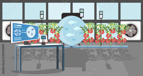 Growing plants in the greenhouse. Smart farm with wireless control. Eco farm with aquaponics system of planting vegetables. Vector illustration.