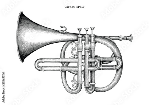 Vintage Cornet hand drawing engraving illustration,The classical music instrument