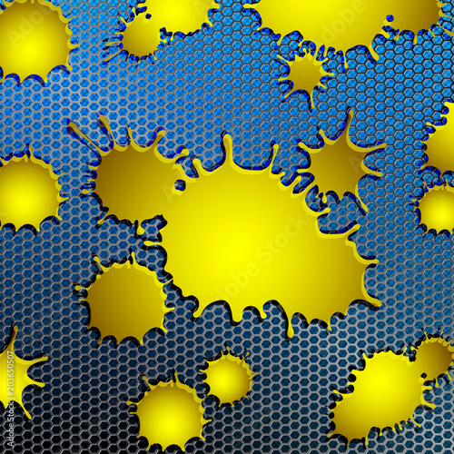 Geometric blue mesh background with a set of blobs of yellow hue.