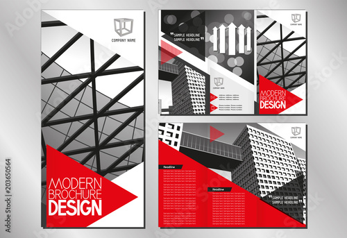 Business trifold brochure/ flyer template (A4 to DL format - 3 x 99x210 mm) - modern office buildings/ architecture/ defocused background - red graphics with triangles.