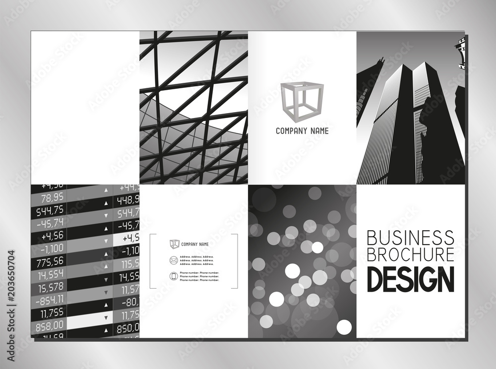 Business brochure/ cover template (A4 format - 2 x 210x297 mm - front and back side) - modern office buildings/ skyscrapers/ modern financial data - black and graphics. Stock Vector | Adobe Stock