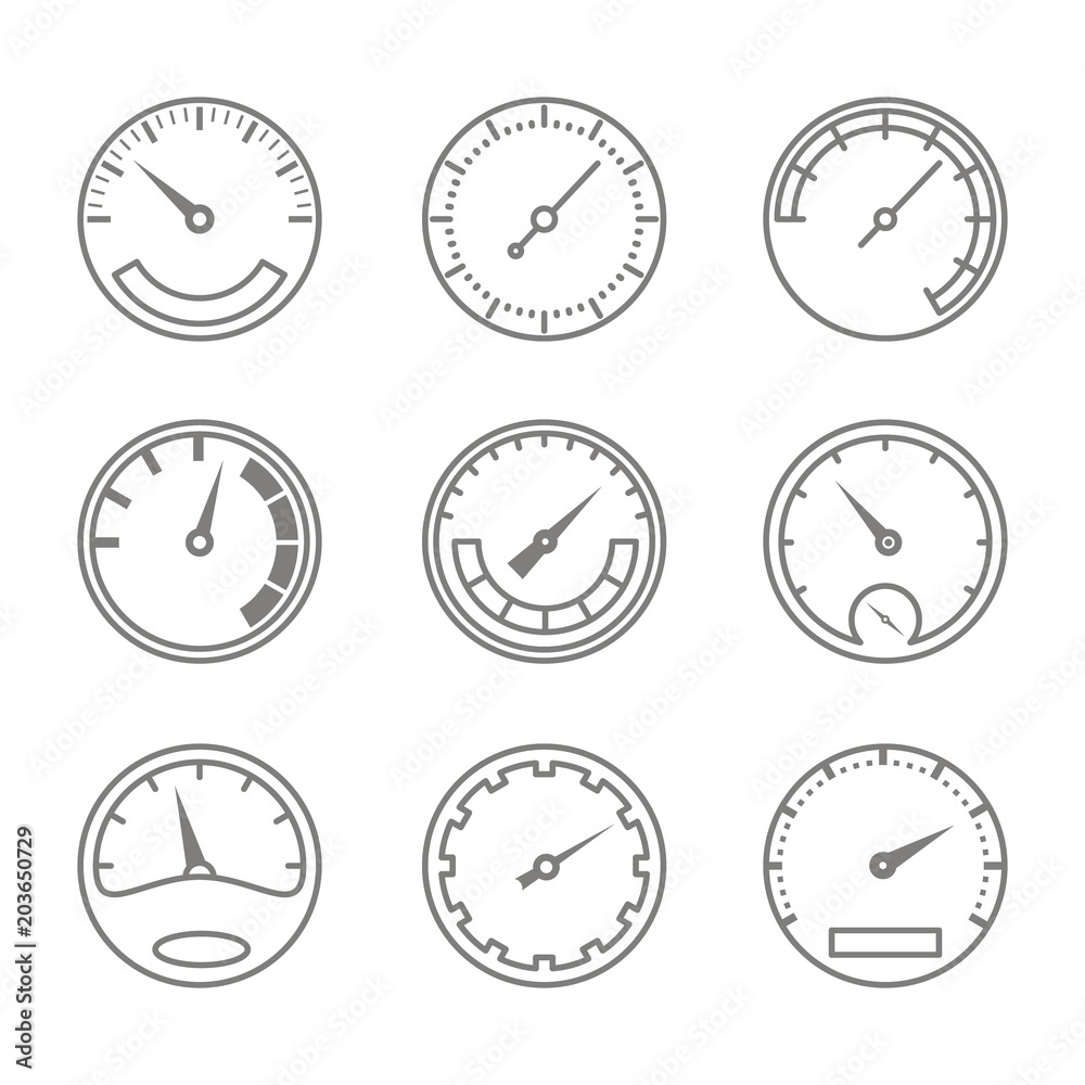 Set of monochrome icons with speedometers for your design Set of monochrome icons with speedometers for your design