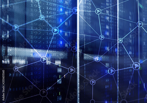 Wi fi network abstract structure on modern server room background.?