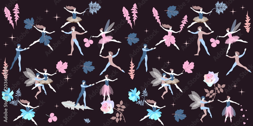 Fototapeta premium Cute cartoon little dancing fairy and elves with leaves of dandelion, sagebrush, viburnum, rose and cosmos flowers on black background. Beautiful endless pattern, print for fabric, paper, wallpaper.