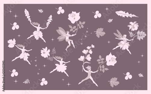 Vintage card with fairies and elves, flowers and leaves. Fantasy vector illus...