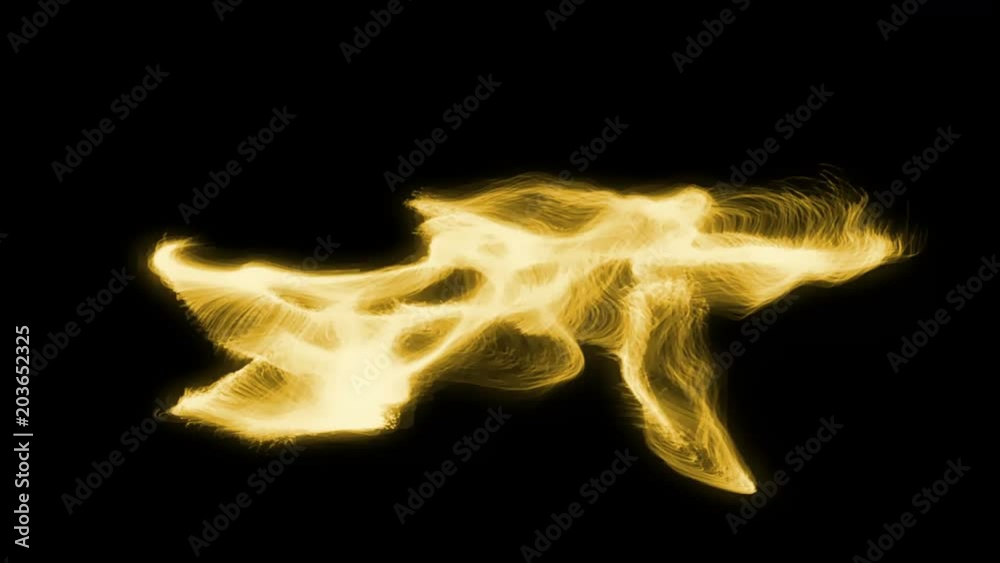 Abstract golden fractal form morphing, fabric waving against black background. Stylish shape. Black and golden. Copy space. 3d render.