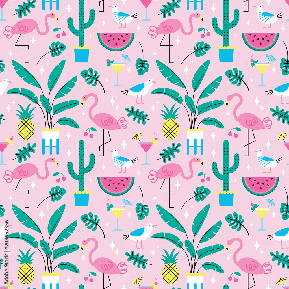Naklejka premium Seamless summer tropical pattern with cute flamingos and plants on pink background