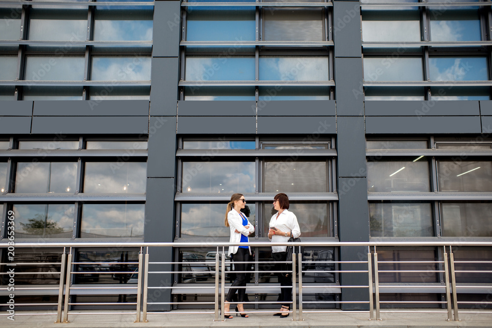 Business people standing near the modern facade background Business people standing near the modern facade background