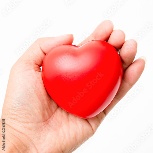 Red heart in the hand. Isolated on white background. Studio lighting.