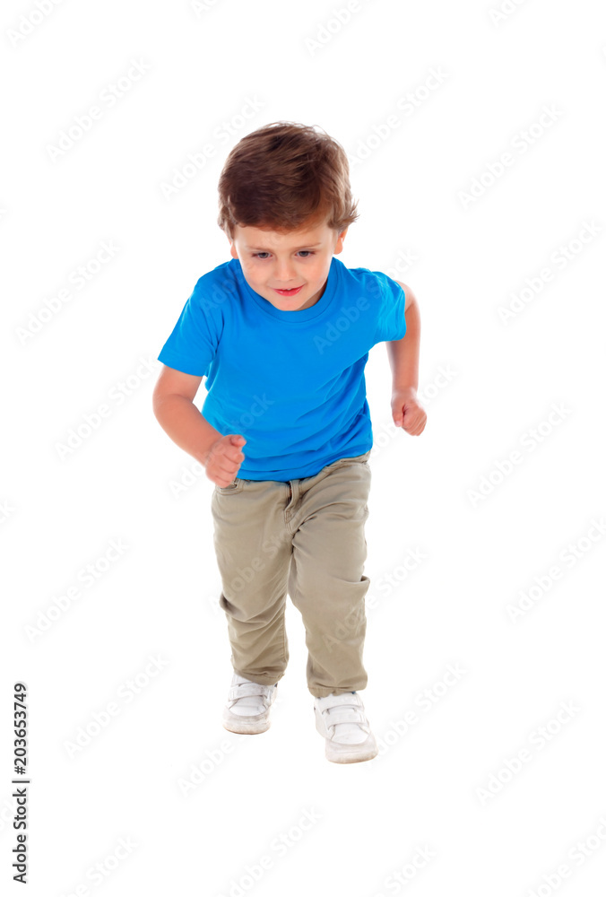 Beautiful little child three years old wearing blue t-shirt runing Beautiful little child three years old wearing blue t-shirt runing