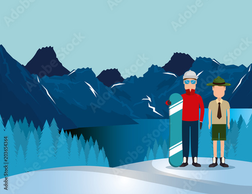 canadian landscape with snowboard athlete and ranger vector illustration