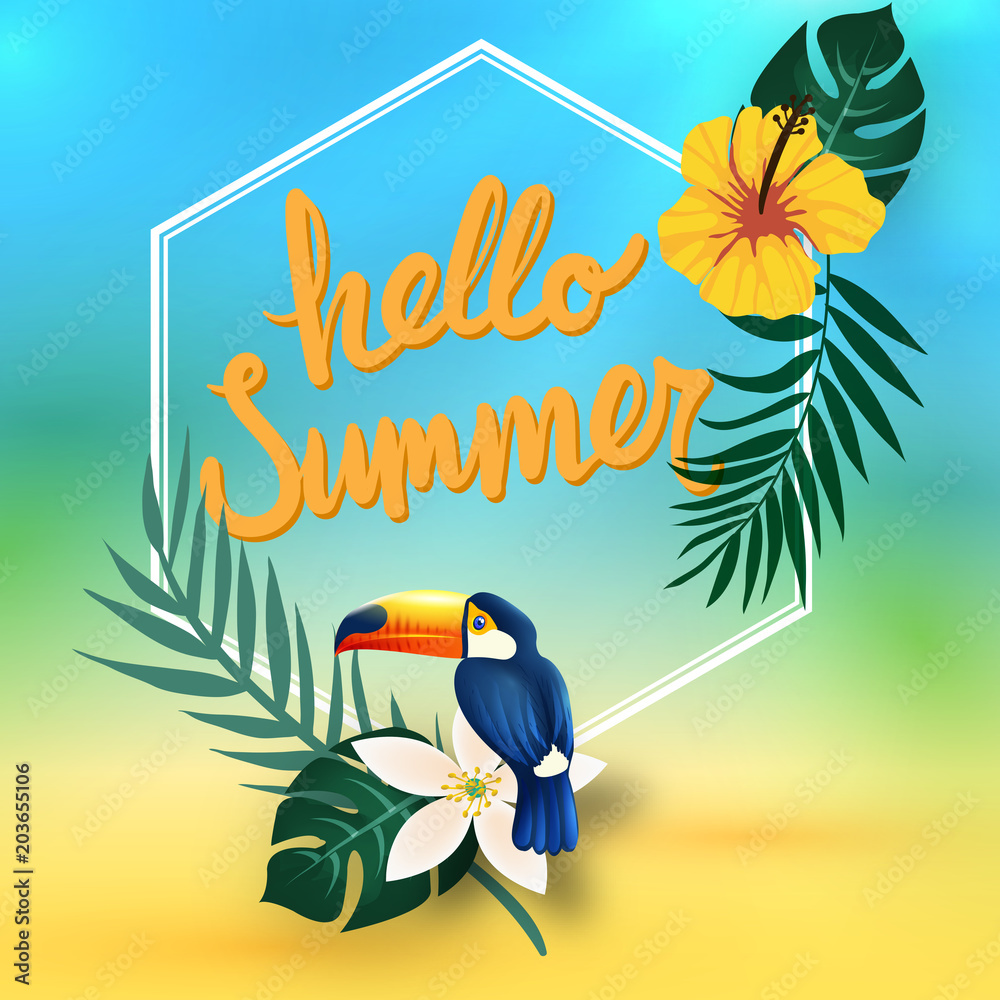 Naklejka premium It's Summer Time Typographical Background With Tropical Plants And Flowers