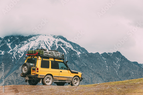 SUV Car On Off Road In Spring Mountains Landscape In Georgia. Drive © Grigory Bruev