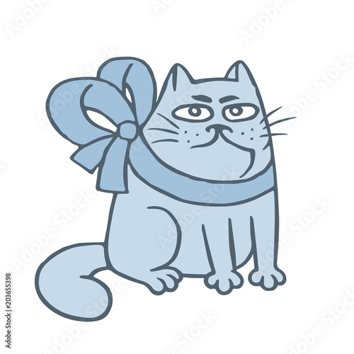 Angry cartoon cat pouted with a bowknot. Vector illustration