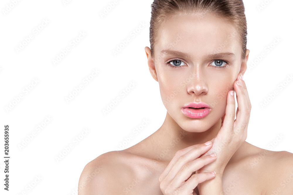 beauty of a woman's face. Natural makeup, pink lips, clean skin. Isolated white background. beauty of a woman's face. Natural makeup, pink lips, clean skin. Isolated white background.