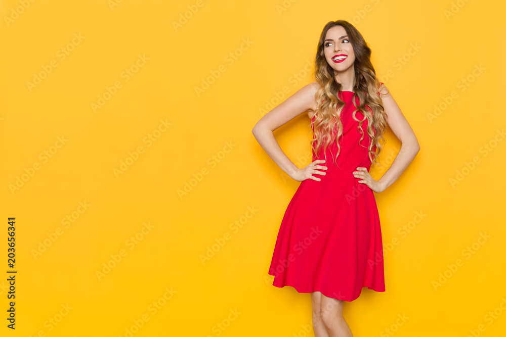 Young Woman In Red Dress Is Holding Hands On Hip, Looking Away And Smiling Young Woman In Red Dress Is Holding Hands On Hip, Looking Away And Smiling