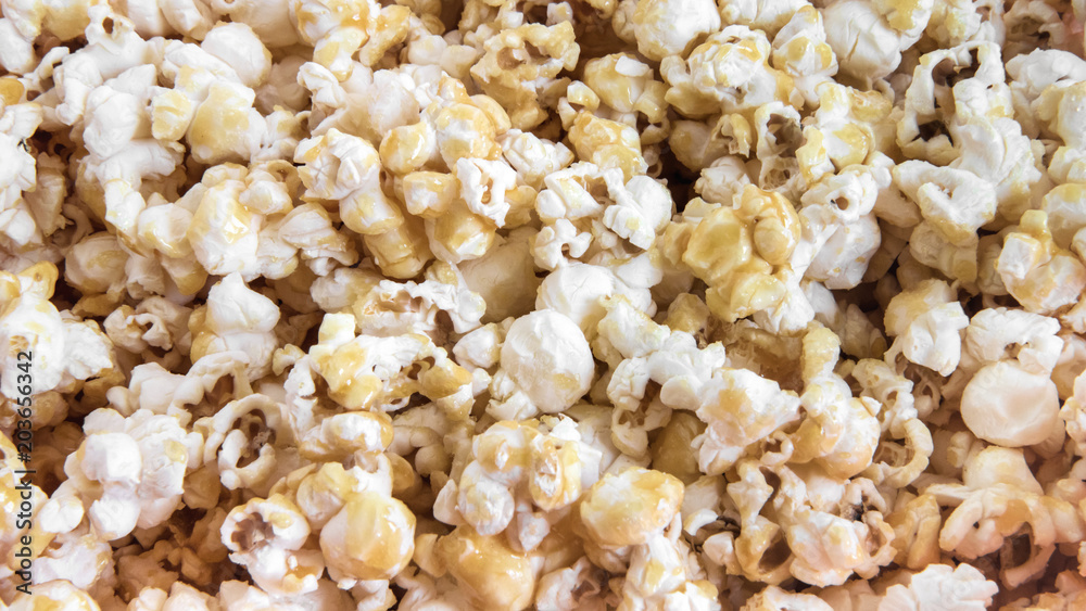 detail of caramel popcorn, texture of sweet food