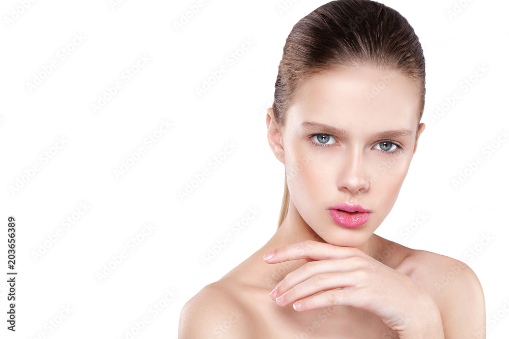 beauty of a woman's face. Natural makeup, pink lips, clean skin. Isolated white background. beauty of a woman's face. Natural makeup, pink lips, clean skin. Isolated white background.