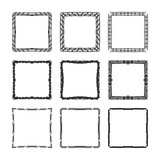 Set of hand drawn decorative square frames and borders. Mono line design templates, isolated on white