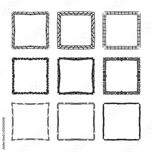 Set of hand drawn decorative square frames and borders. Mono line design templates, isolated on white
