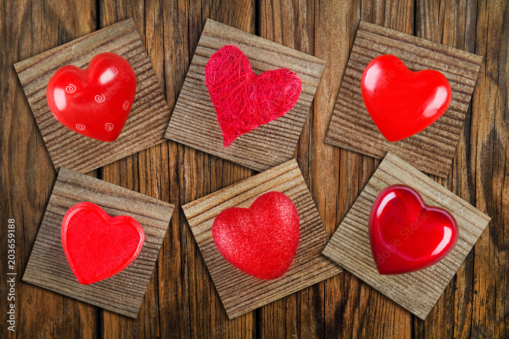 Red hearts and wooden background - Collage Red hearts and wooden background - Collage