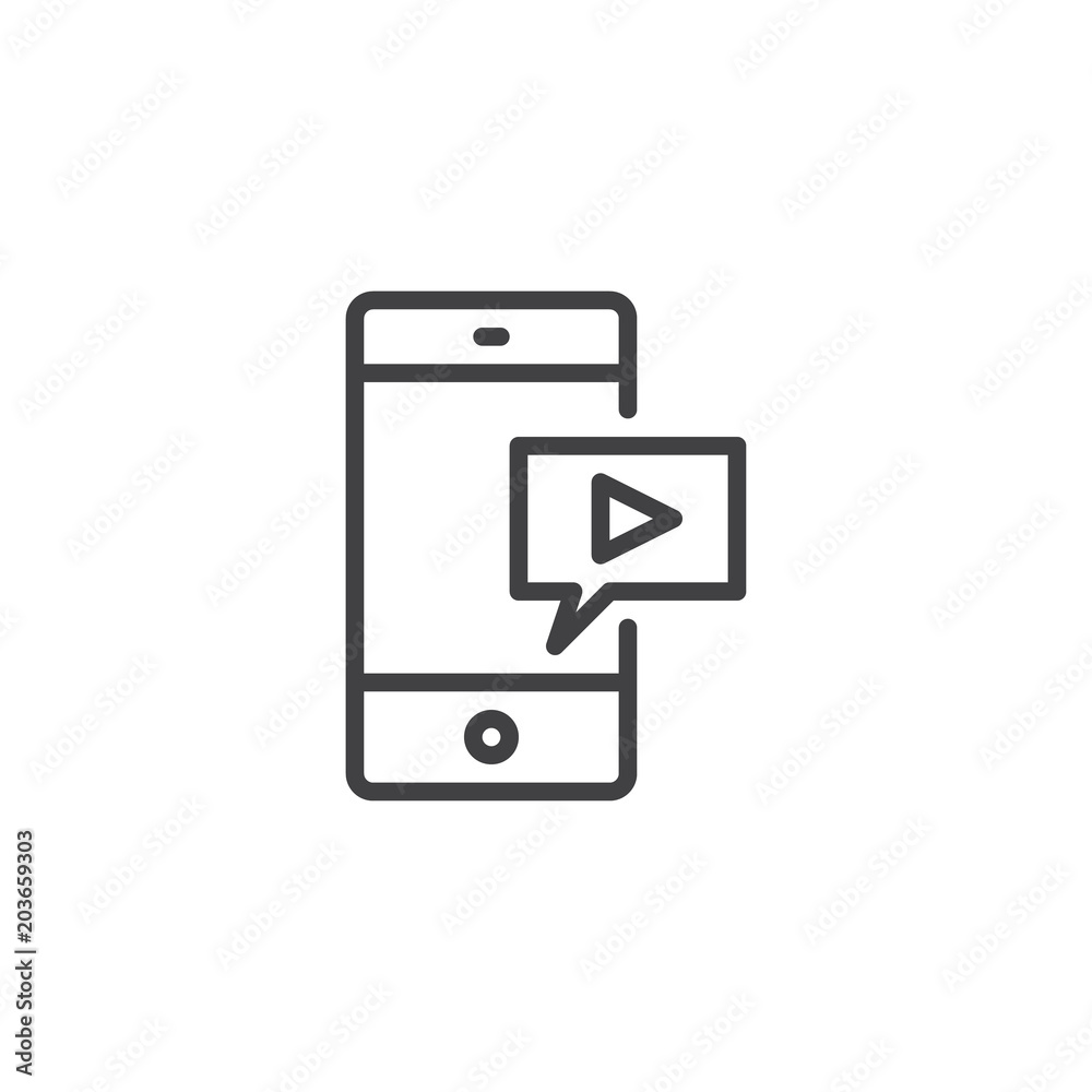 Mobile video chat outline icon. linear style sign for mobile concept and web design. Video player on a smart phone simple line vector icon. Symbol, logo illustration. Pixel perfect vector graphics Mobile video chat outline icon. linear style sign for mobile concept and web design. Video player on a smart phone simple line vector icon. Symbol, logo illustration. Pixel perfect vector graphics