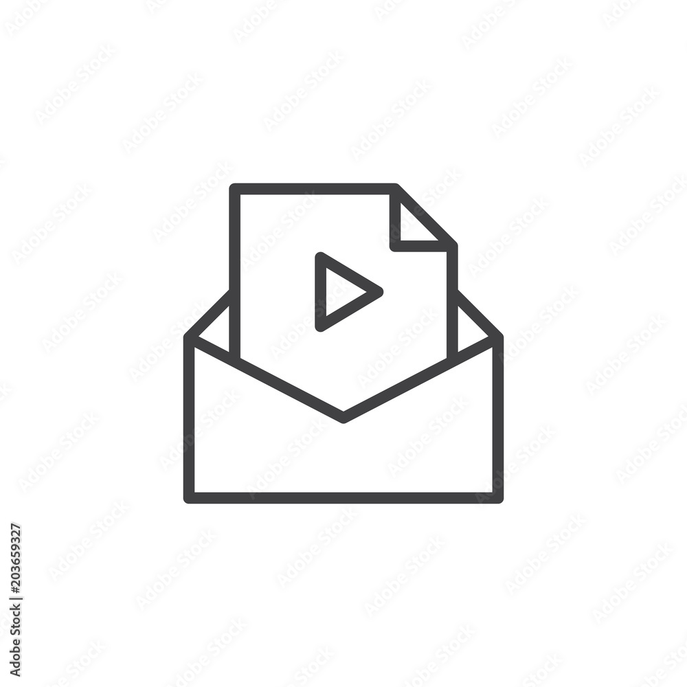 Video file message outline icon. linear style sign for mobile concept and web design. Envelope with media letter simple line vector icon. Symbol, logo illustration. Pixel perfect vector graphics Video file message outline icon. linear style sign for mobile concept and web design. Envelope with media letter simple line vector icon. Symbol, logo illustration. Pixel perfect vector graphics