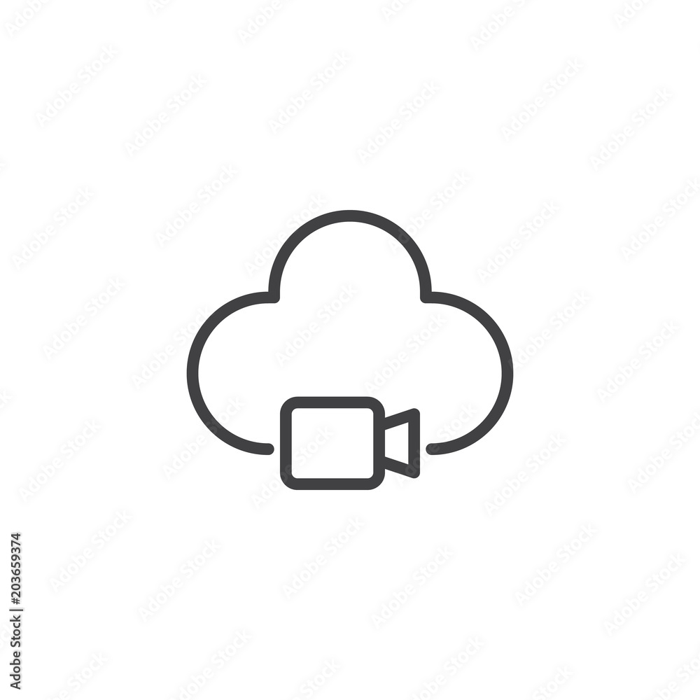 Video camera cloud outline icon. linear style sign for mobile concept and web design. Multimedia data storage simple line vector icon. Symbol, logo illustration. Pixel perfect vector graphics Video camera cloud outline icon. linear style sign for mobile concept and web design. Multimedia data storage simple line vector icon. Symbol, logo illustration. Pixel perfect vector graphics