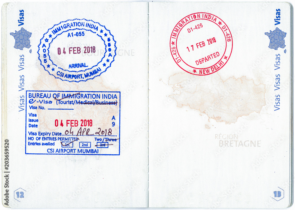 Immigration stamps of India in a French passport Stock Photo | Adobe Stock
