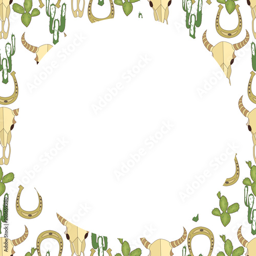 Wild west theme. Vector frame. Cactus, buffalo skull, horse shoe.