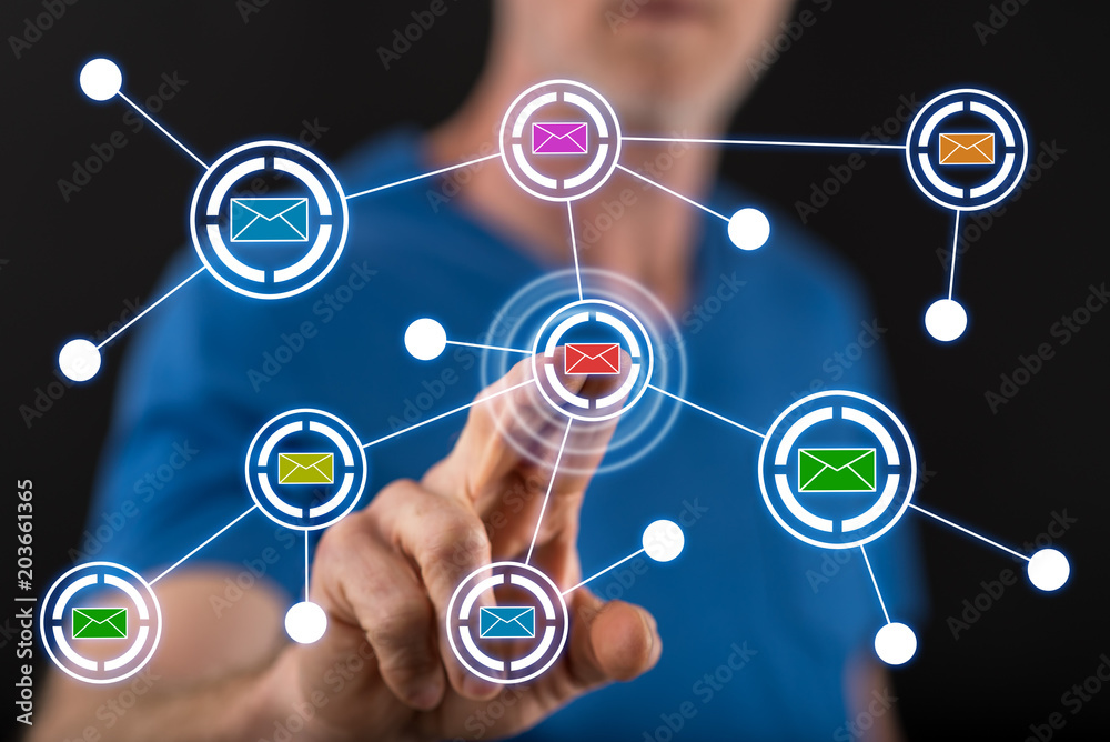 Man touching a communication network Man touching a communication network