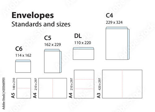 International standard envelopes for paper or documents C6, C5, DL, C4. Templates of bending brochures, booklets, leaflets of A format for envelopes.