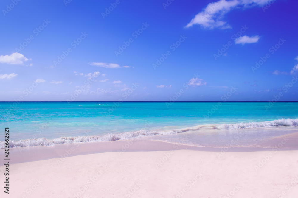 A deserted beach with white sand of the island of Saone. A view of the horizon of the Caribbean Sea.