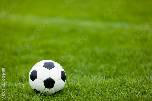 Soccer Football Ball on Soccer Field. Green Grass Soccer Pitch © matimix