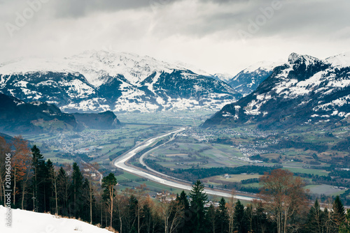 Aerial view of Liechtenstein Upper Rhine valley municipality of Triesenberg
