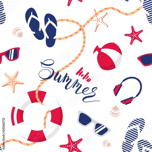 Summer seamless pattern. Cute summer nautical background. Vector illustration