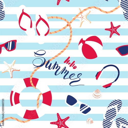 Summer seamless pattern. Cute summer marine striped background. Vector illustration