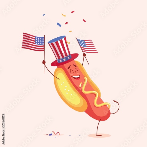 Funny cartoon hot dog holding usa flag. Vector illustration
