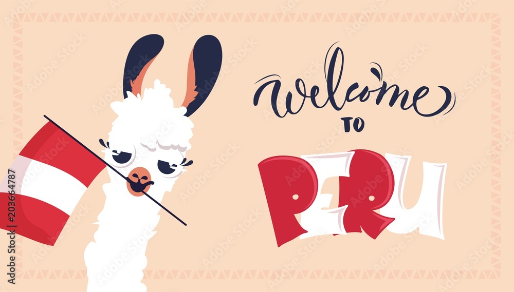 Cute cartoon lama with flag of Peru. Welcome to Peru poster. Vector  illustration Stock Vector | Adobe Stock